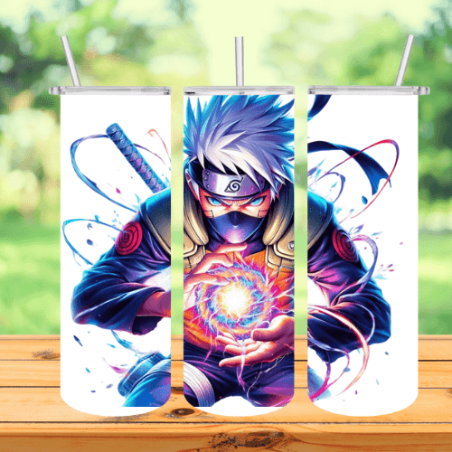 a tumbler with a picture of a narturo holding a ball in their hands