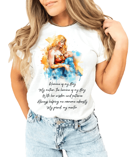 a woman wearing a white t - shirt with a picture of a woman on it