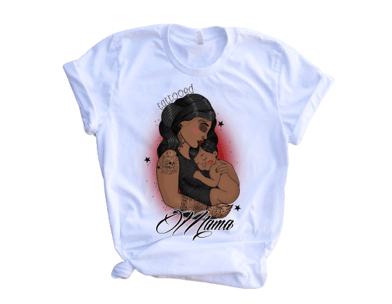 a white t - shirt with an image of a woman holding a baby