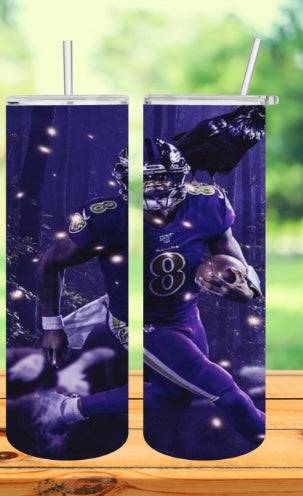 A tumbler with a picture of a football player on a purple background