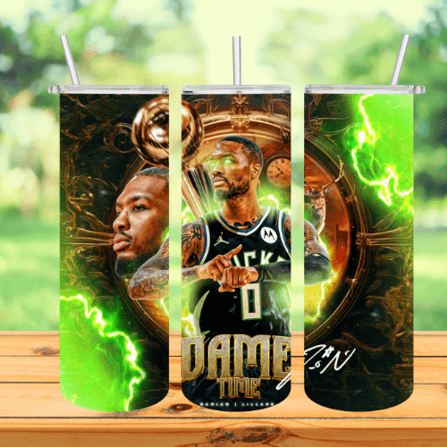 a tumbler with a picture of a basketball player on it