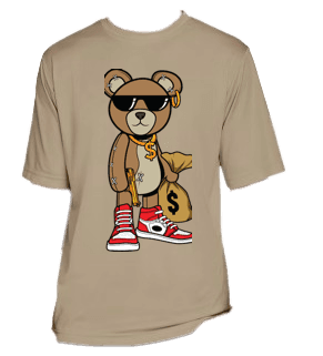 a t - shirt with a bear wearing sunglasses and a bag of money