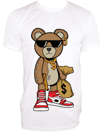 a white t - shirt with a brown bear wearing sunglasses