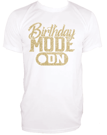 a white birthday t - shirt with gold lettering