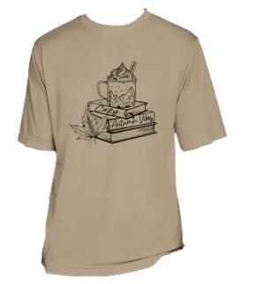 a t - shirt with a coffee cup on top of a stack of books