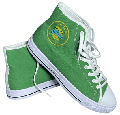 a pair of green high top sneakers