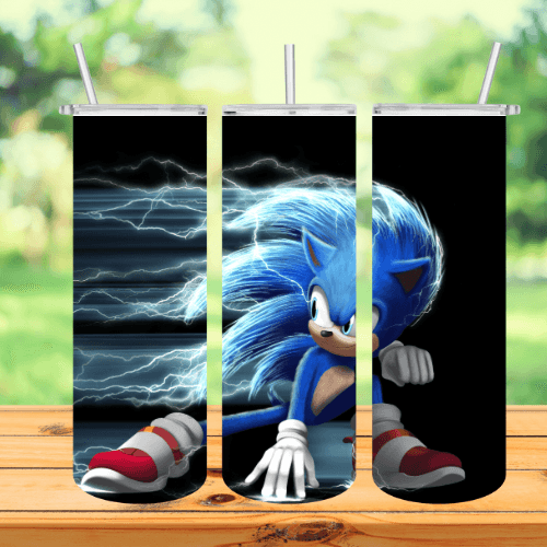 A tumbler with a picture of a sonic the hedgehog on a table