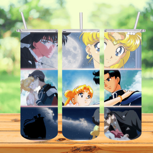 a tumbler of sailor moon and tuxedo mask sitting on a table