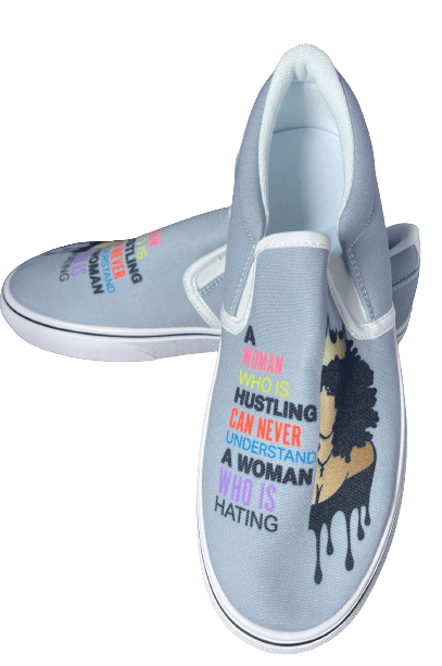 a pair of women's shoes with an image of a woman on the side