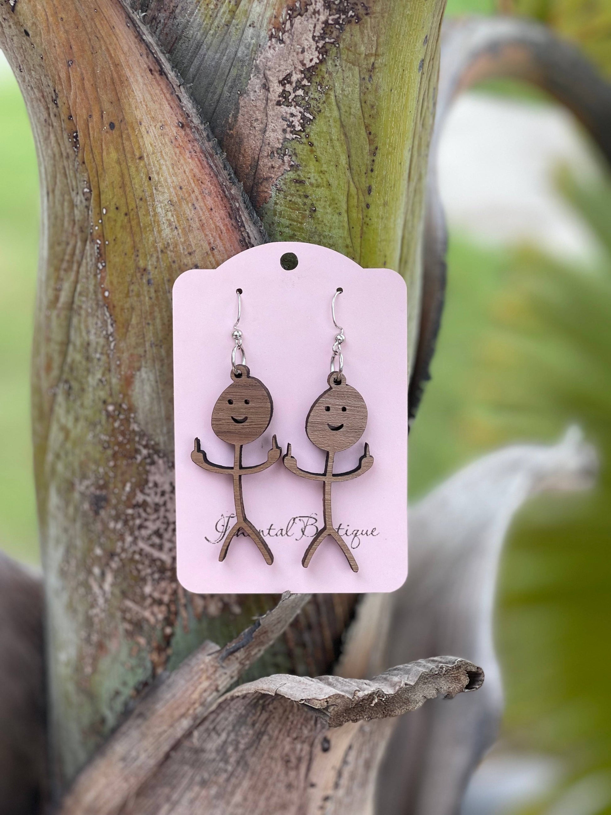 a pair of funny mad f u stick figure earrings