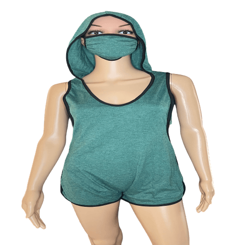 a mannequin wearing a mask and hooded romper