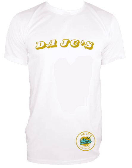 a white t - shirt with the word da jcs printed on it