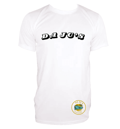 a white t - shirt with the word da jcs printed on it