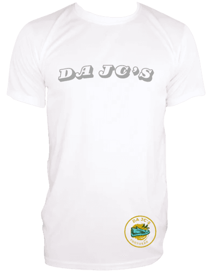 a white t - shirt with the word da jcs printed on it