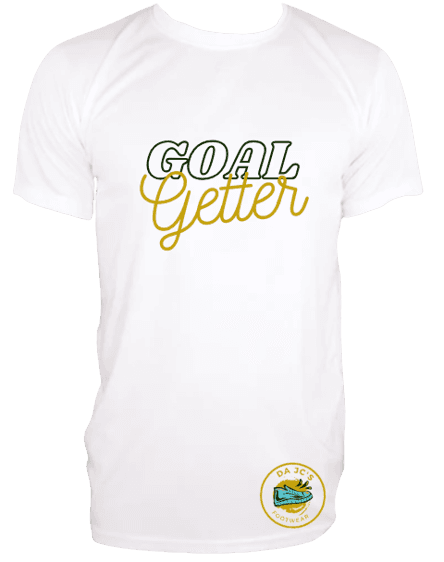 a white t - shirt with the words goal getter printed on it