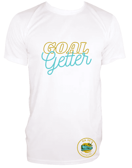 a white t - shirt that says goal getter