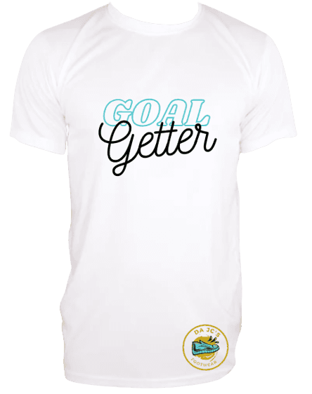 a white t - shirt that says goal getter