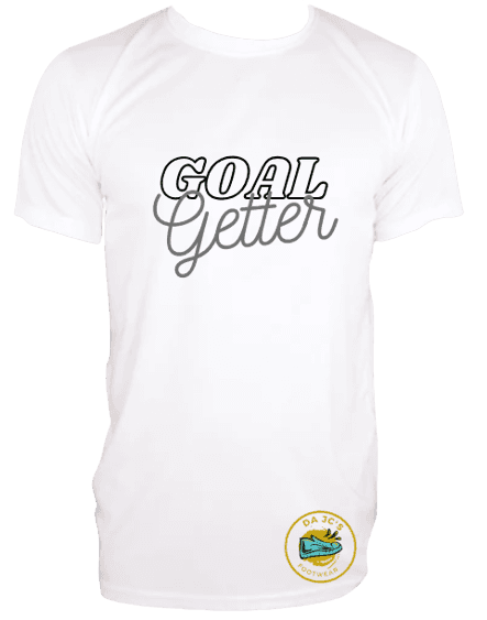 a white t - shirt with the words goal getter printed on it