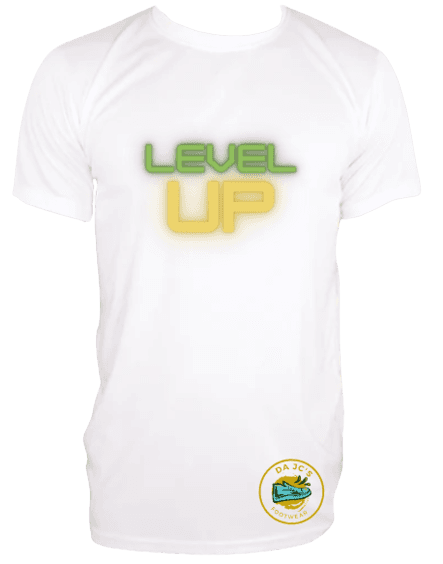 a white t - shirt with the words level up on it