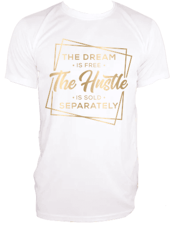 a white t - shirt with gold lettering that says, the dream is free the hustle is sold separately