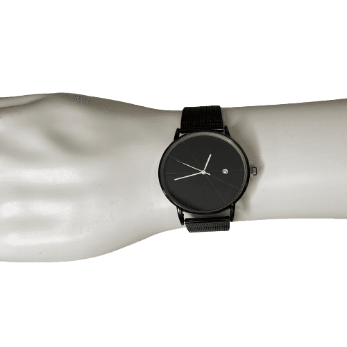 a wrist watch with a black face and white hands