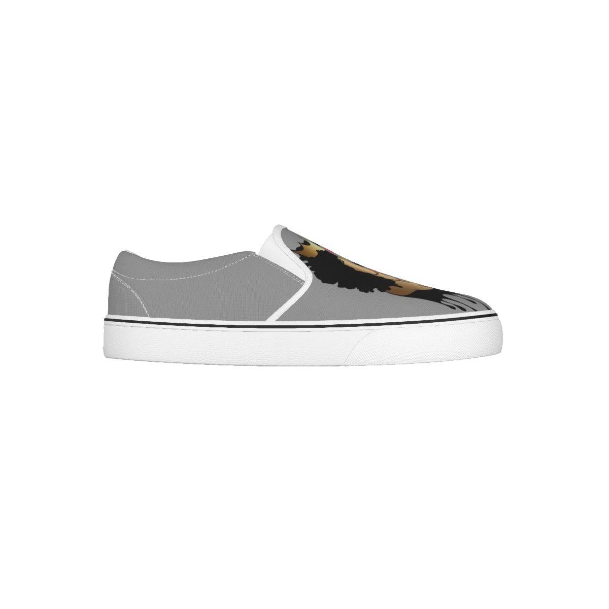 a gray and white shoe with a black and yellow design