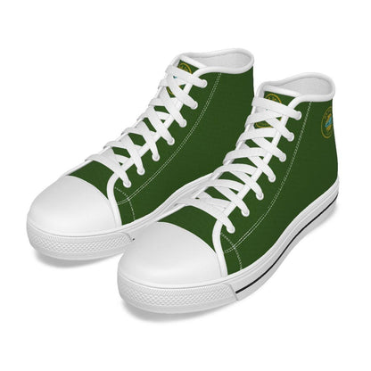 a pair of green and white sneakers with white laces