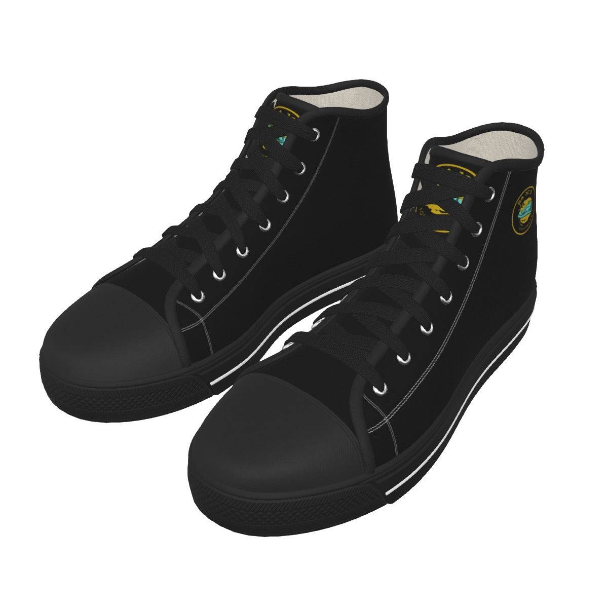 a pair of black high top sneakers