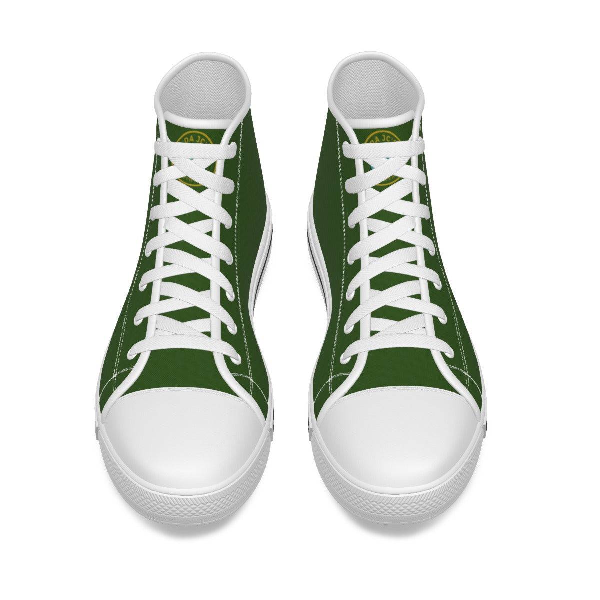 a pair of green sneakers with white laces