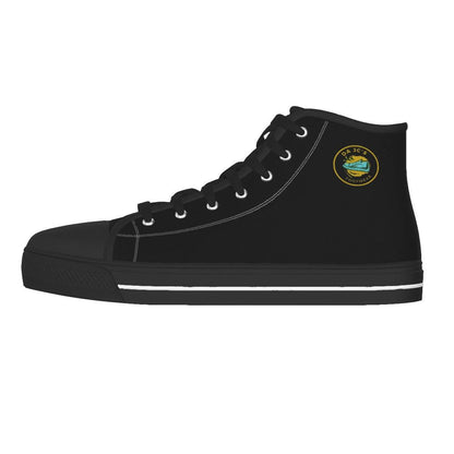 a black high top sneaker with an emblem on the side