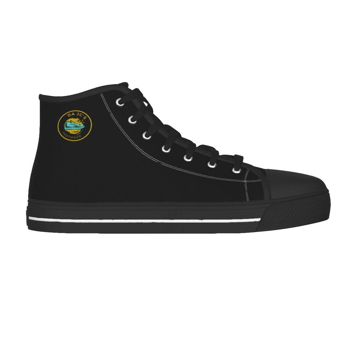 a black high top sneaker with a logo on the side