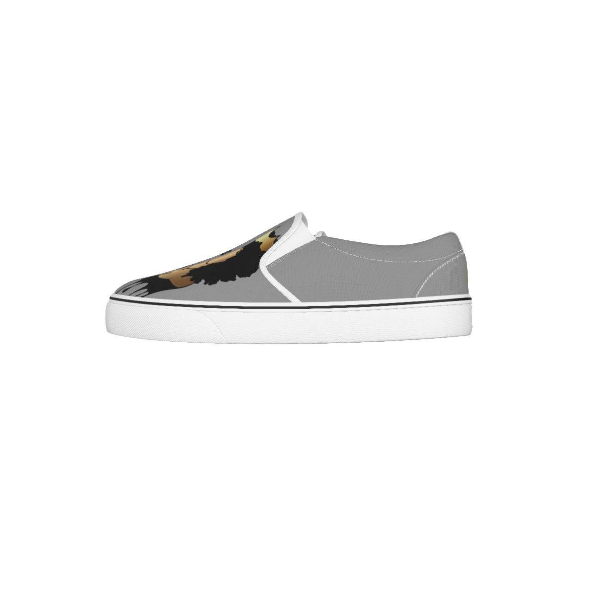 a gray and white slip on sneaker with a woman print on it