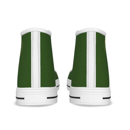 a pair of green shoes with white stripes