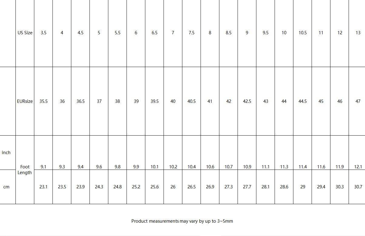 a table that has a number of sizes on it