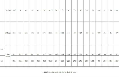 a table that has a number of sizes on it