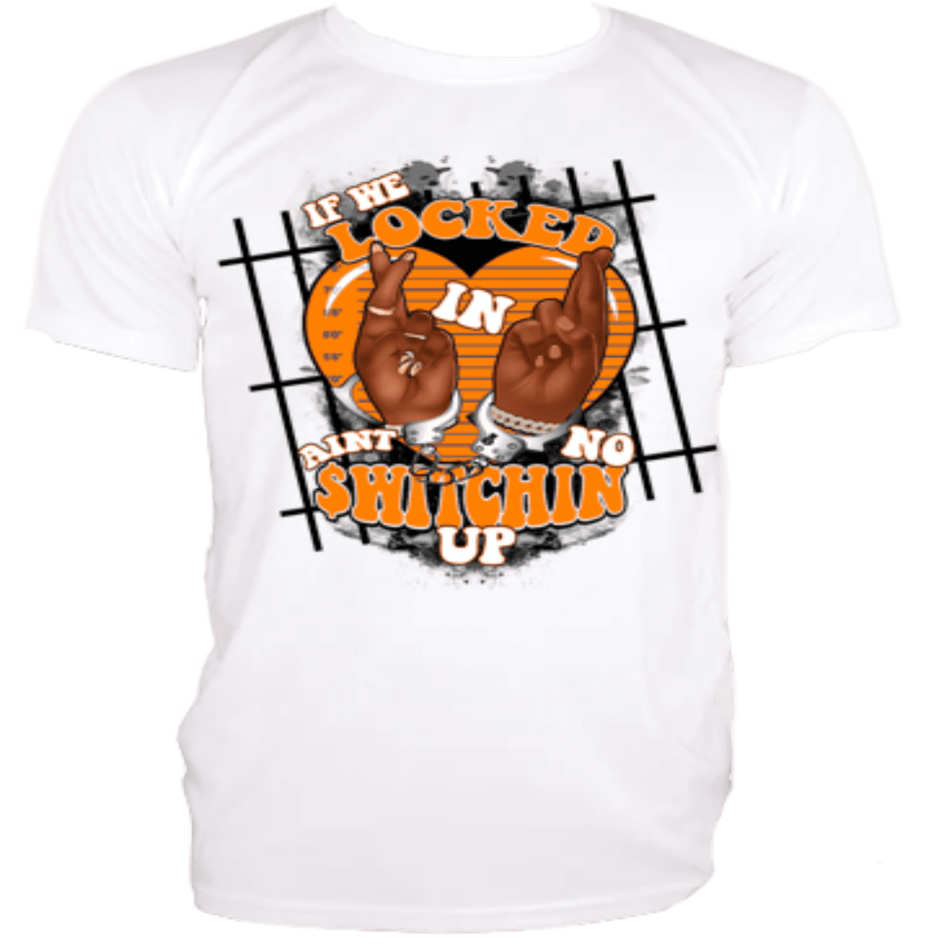 a white t - shirt with an orange and black design