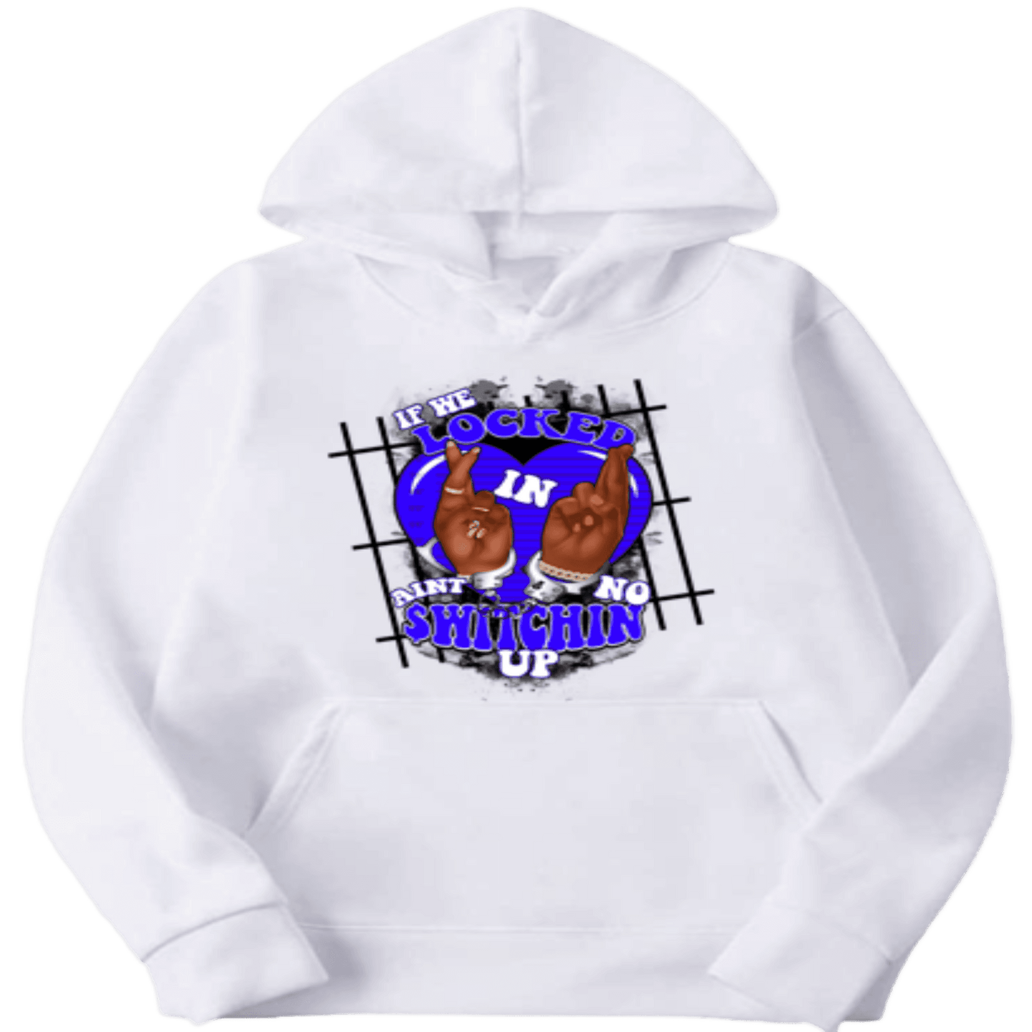 a white hoodie with an image of two hands on it