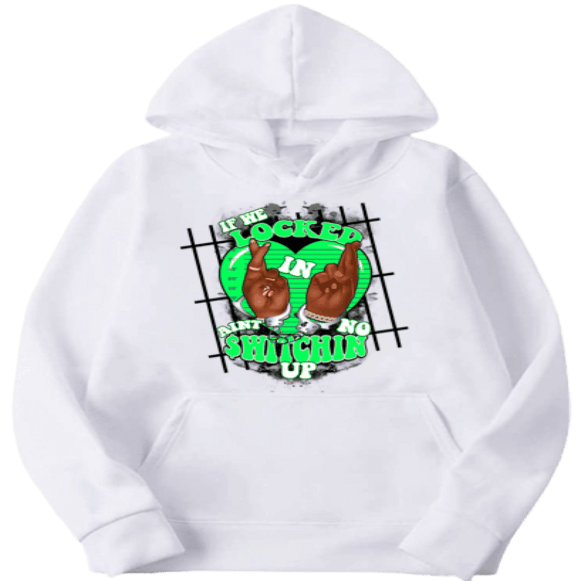 a white hoodie with an image of two hands on it