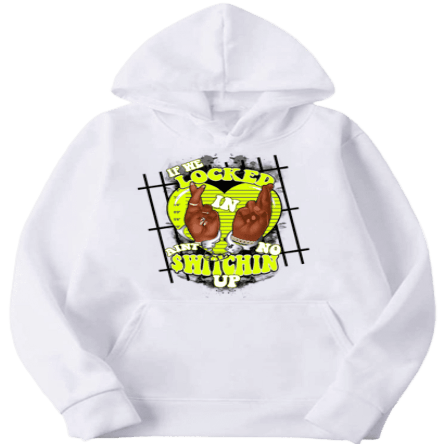 a white hoodie with a graphic of two hands on it